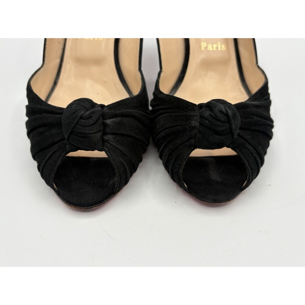 Christian Louboutin Black Suede Slingback Heels Peep Toe Knot Accent Sz EU 38.5 - Picture 6 of 12